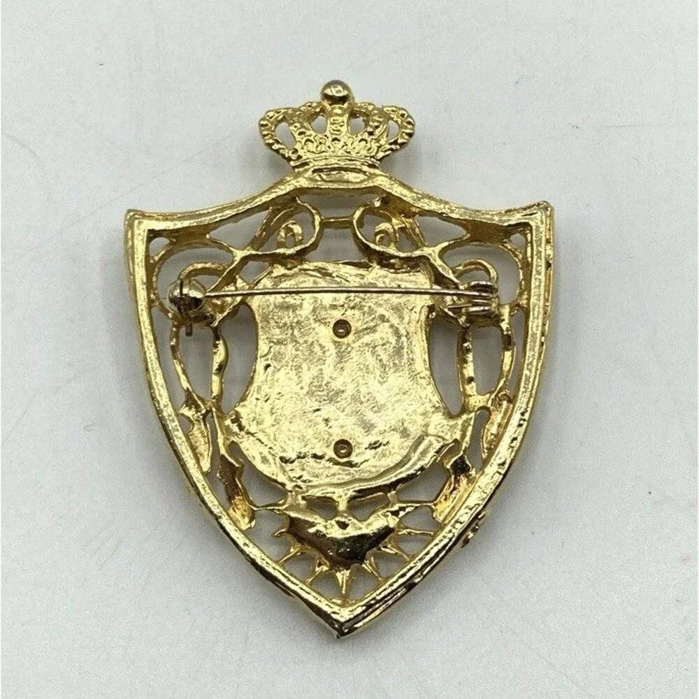 Vtg Gold Tone Blue Enamel Anchor Nautical Crest Brooch Pin Crown Shield 2.75
